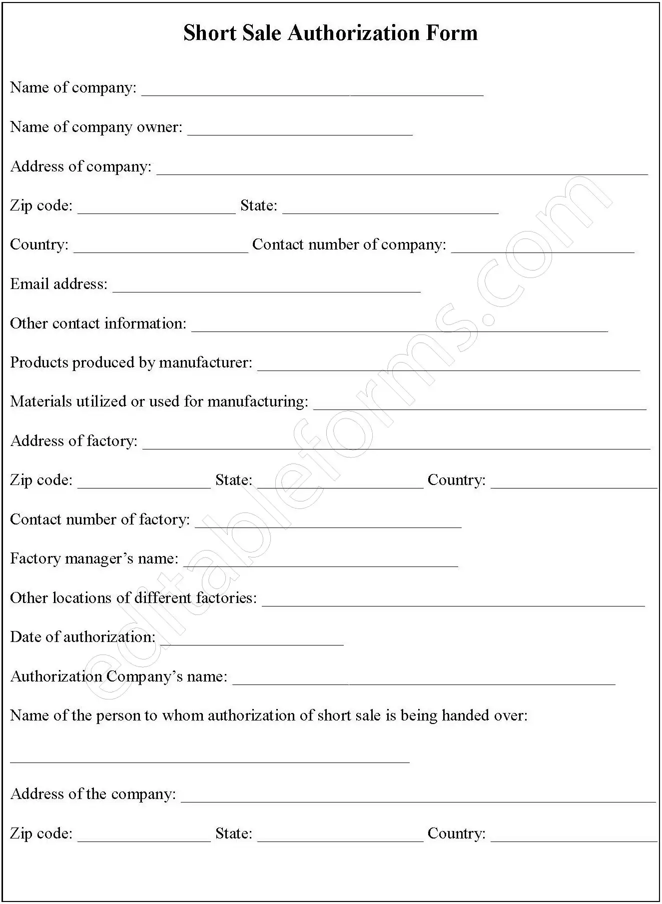 Short Sale Authorization Fillable PDF Form