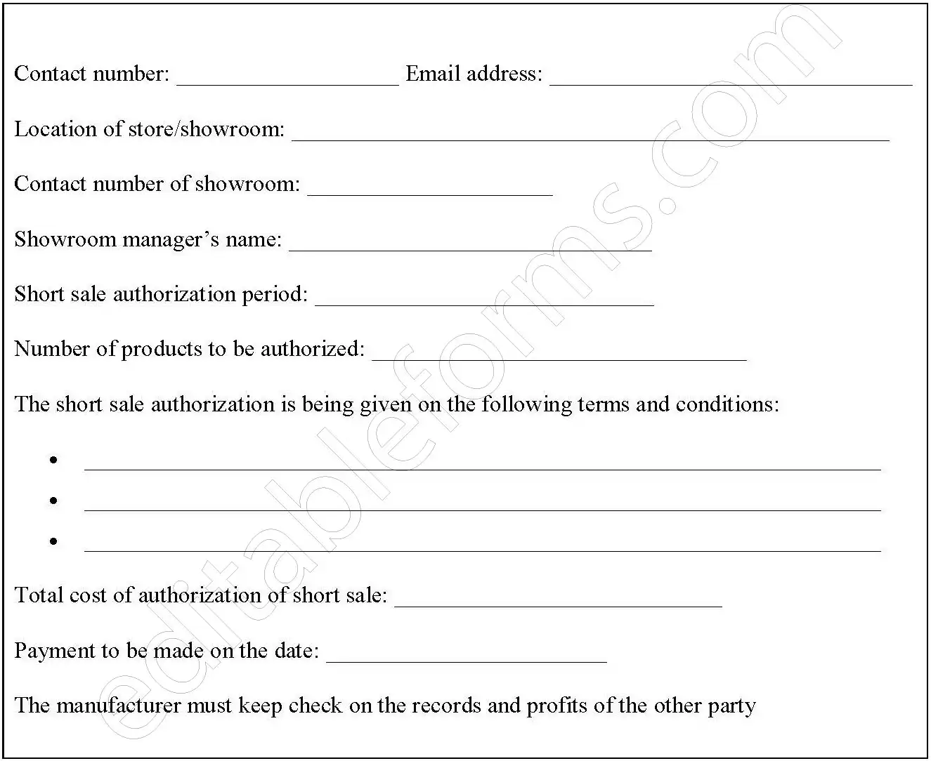Short Sale Authorization Fillable PDF Template