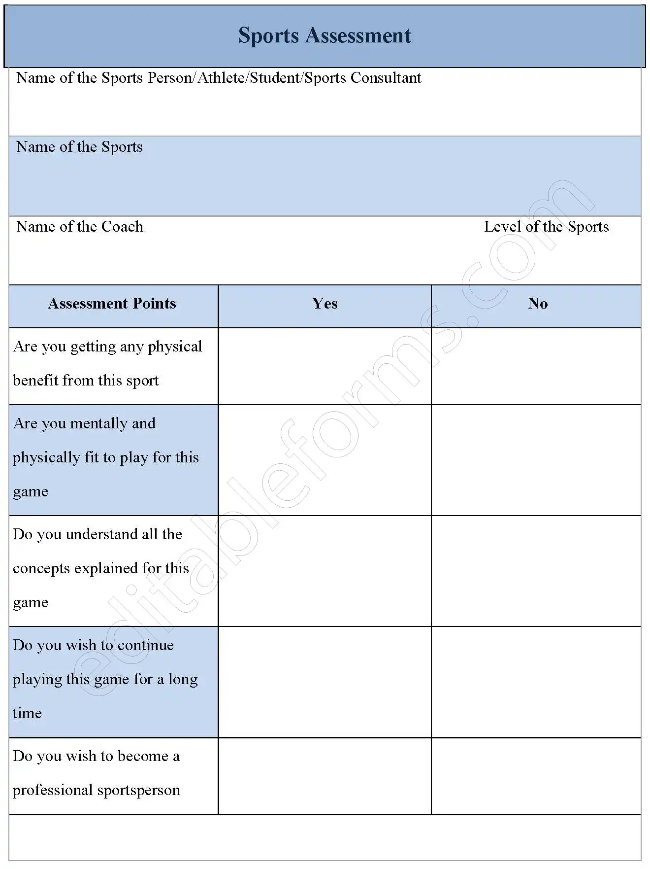 Sports Assessment Fillable PDF Form