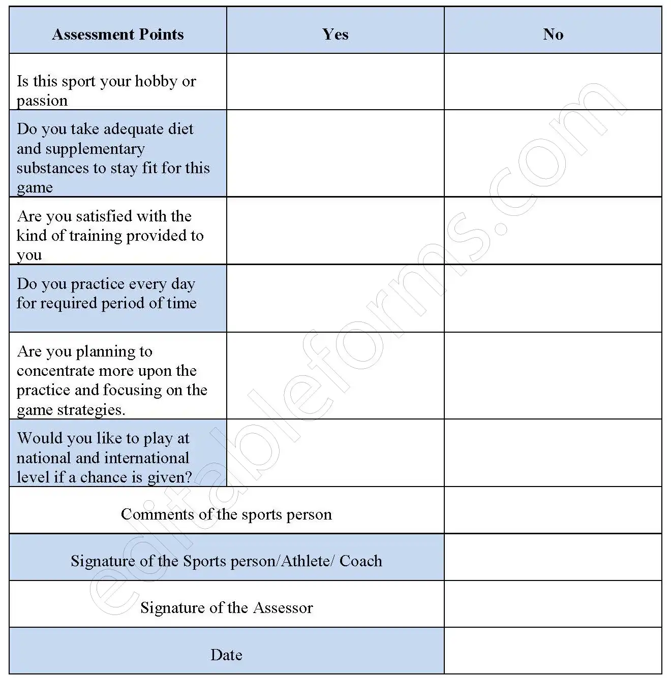 Sports Assessment Fillable PDF Template