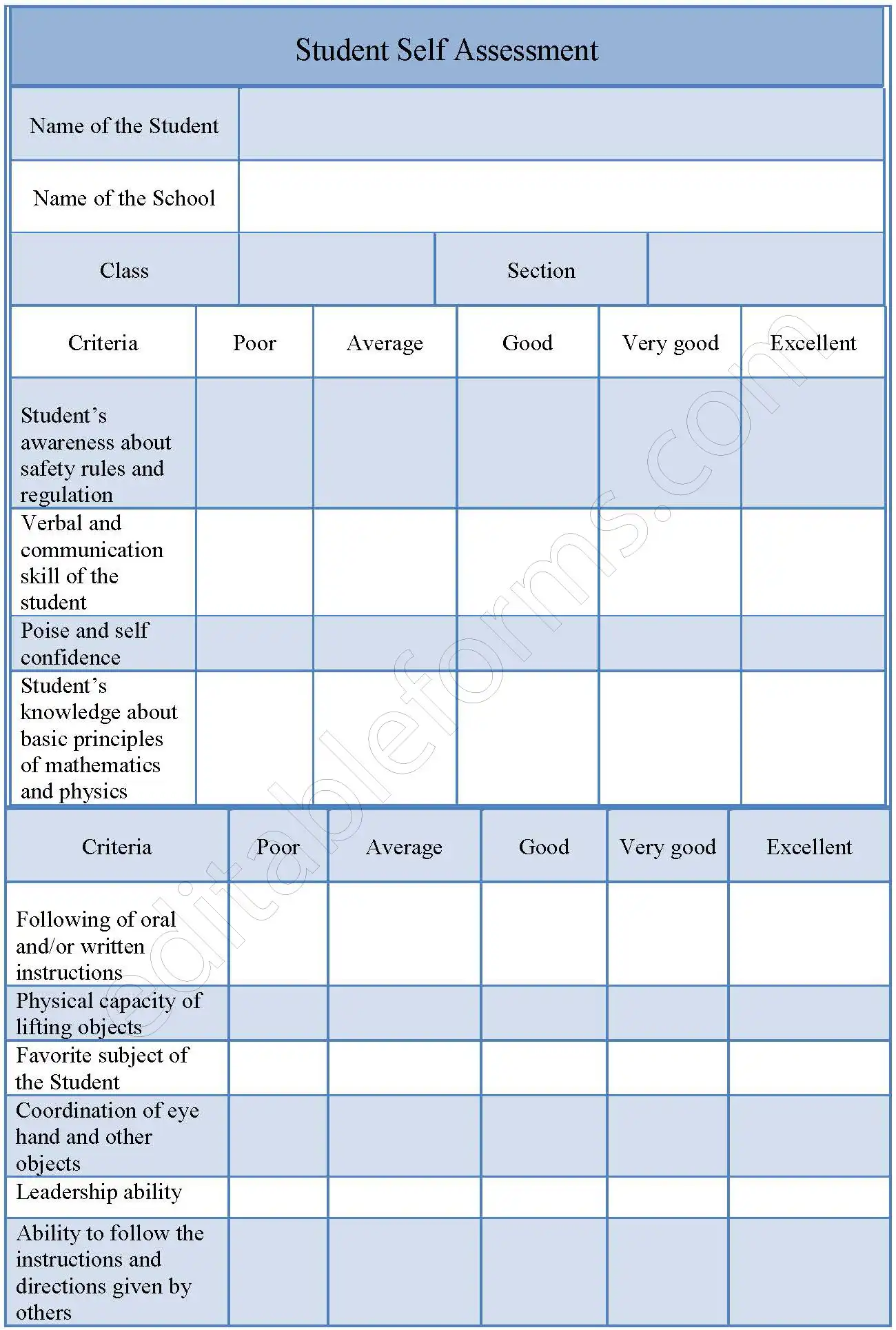 Student Self-Assessment Fillable PDF Form