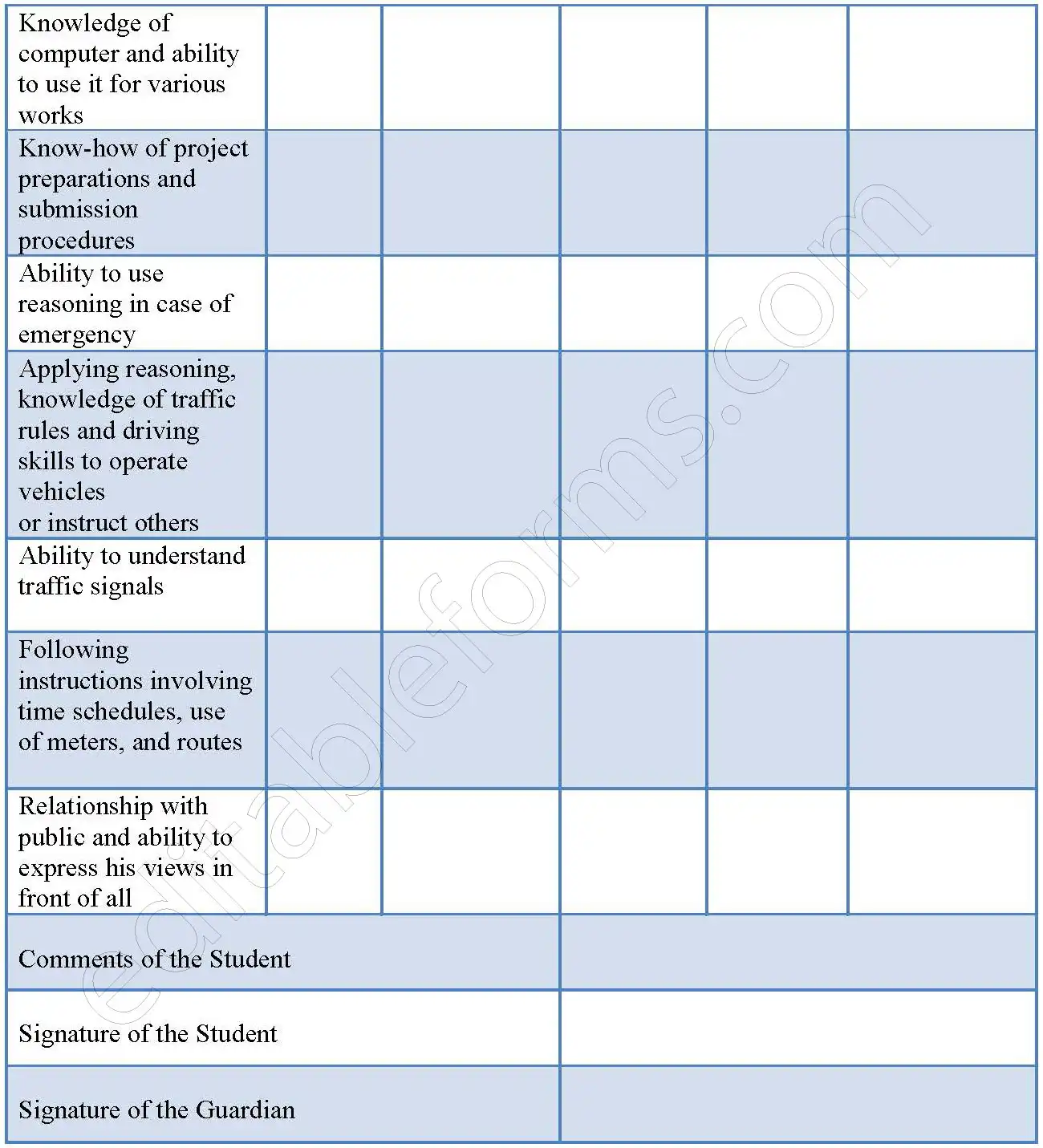 Student Self-Assessment Fillable PDF Template