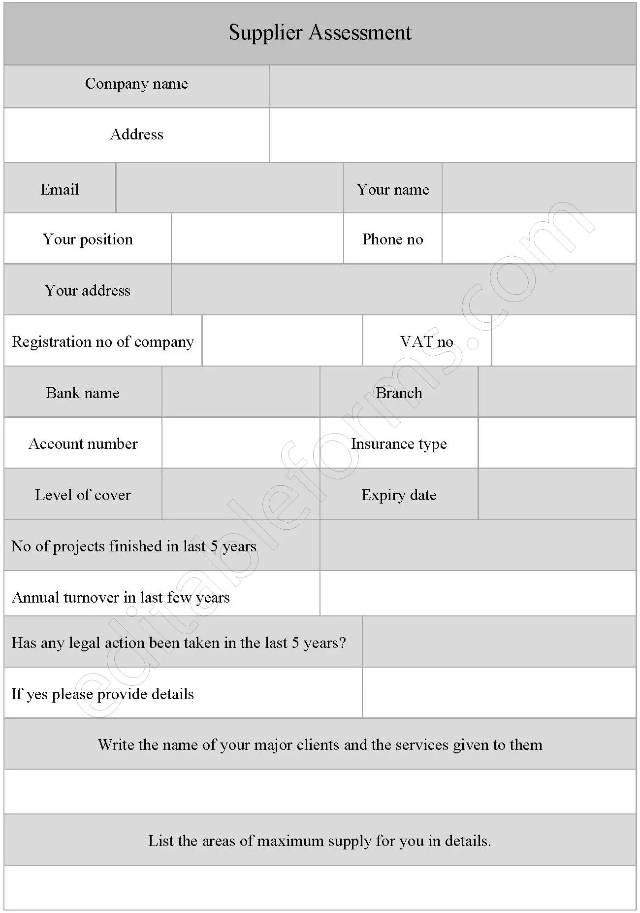 Supplier Assessment Fillable PDF Form