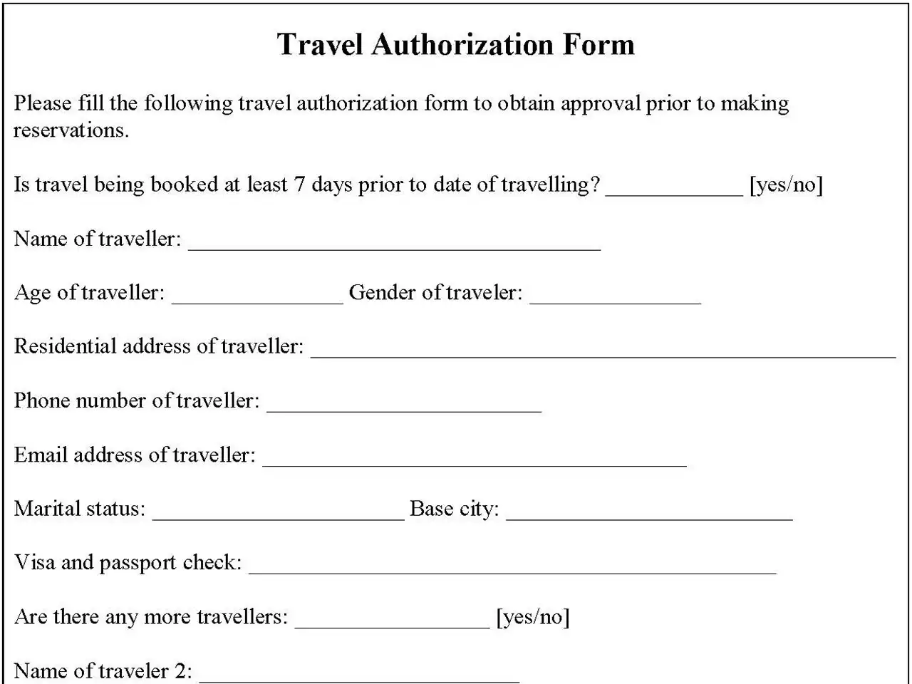 Travel Authorization Form Editable Pdf Forms 7380