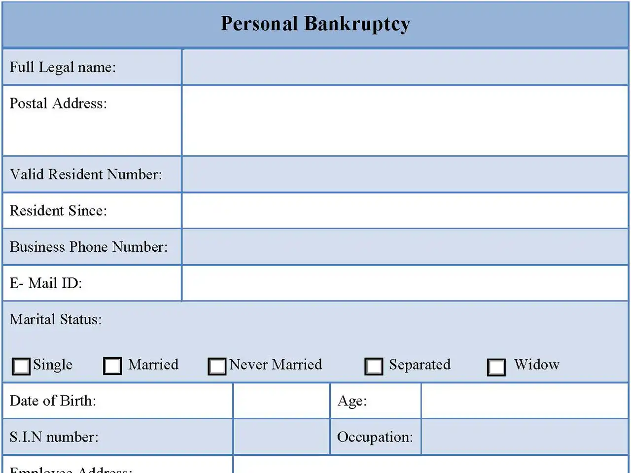 Personal Bankruptcy Form