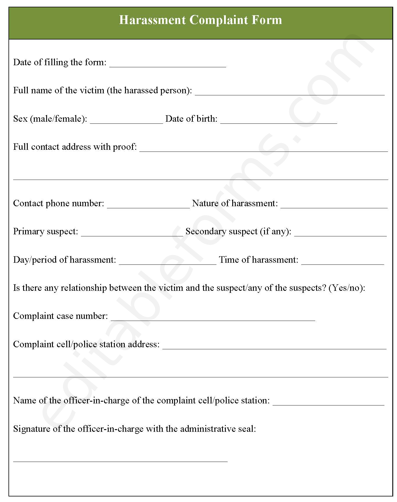 Harassment Complaint Form Editable PDF Forms