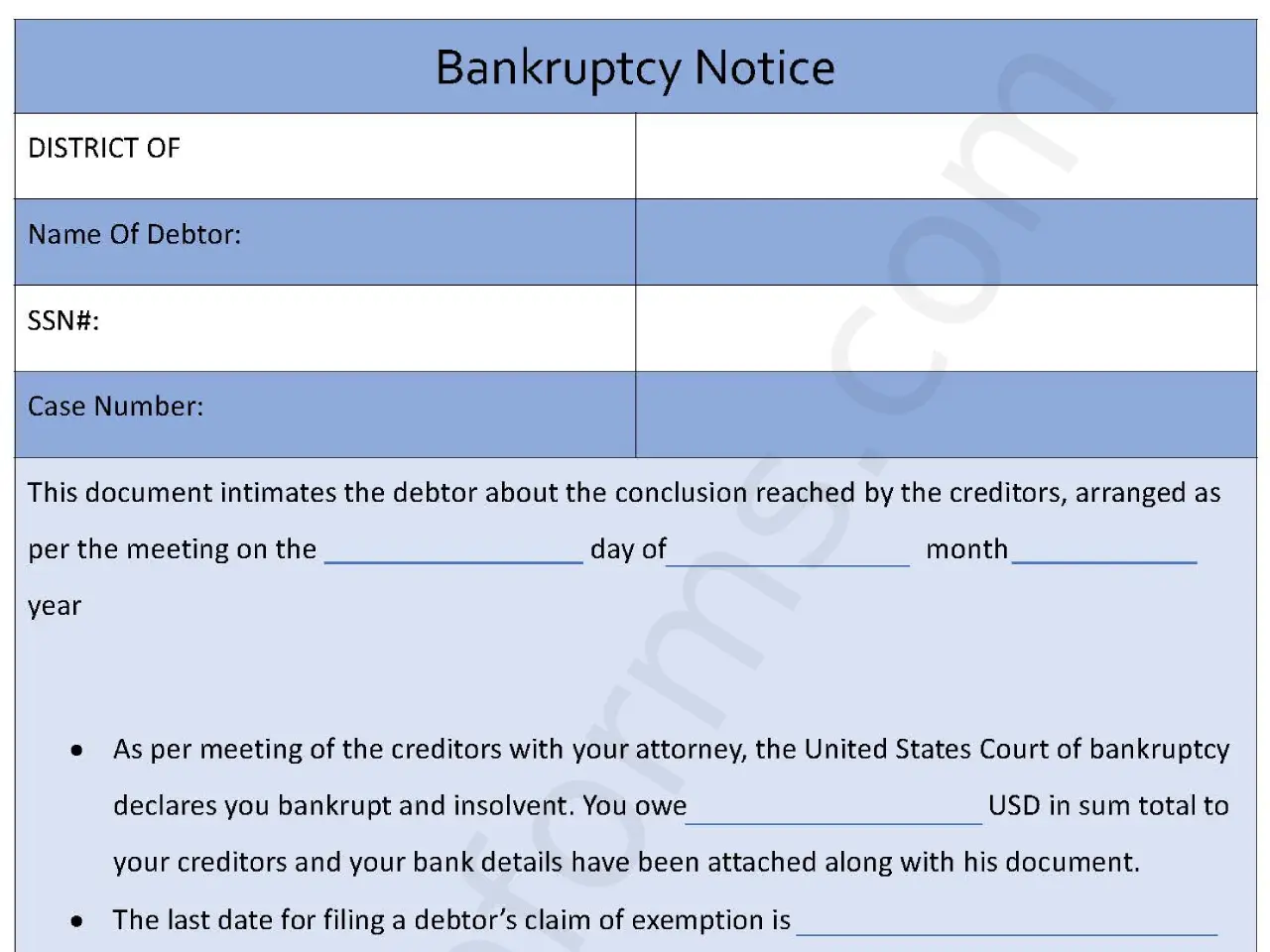 Notice of Bankruptcy Form