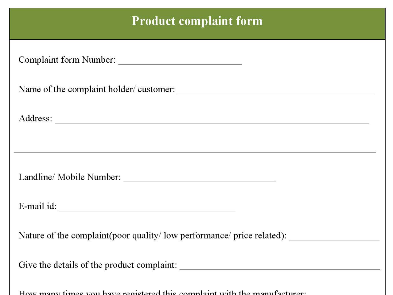 Product complaint form