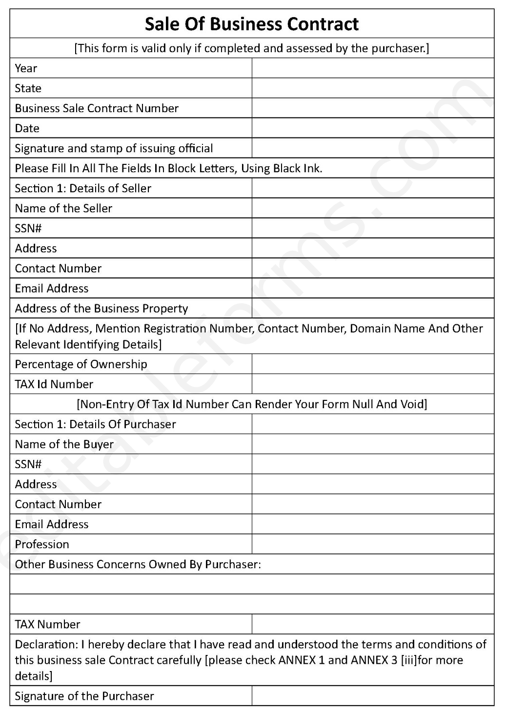 Business Sale Contract Fillable PDF Template