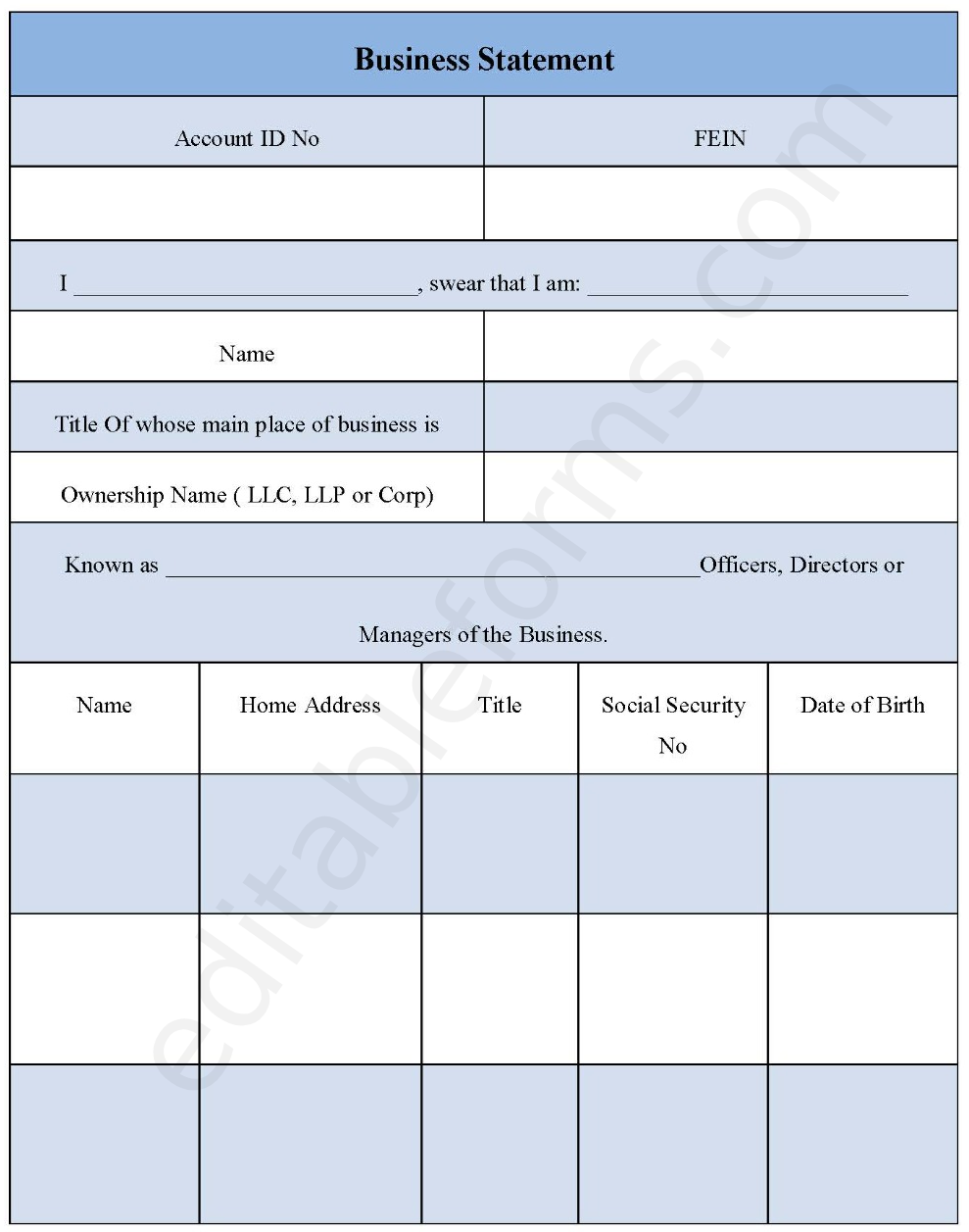 Business Statement Form Sample Fillable PDF Template