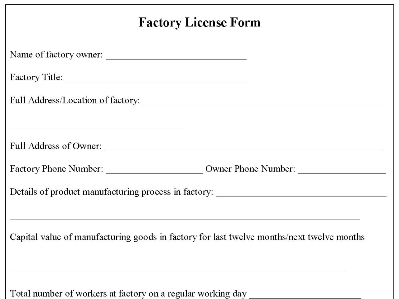 Factory License Form