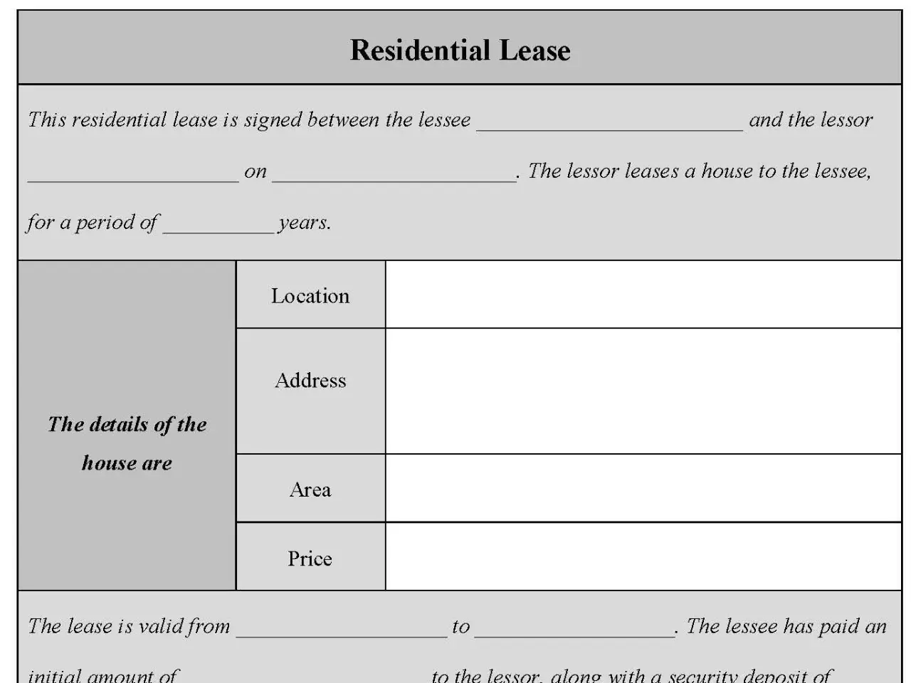 Residential Lease Form