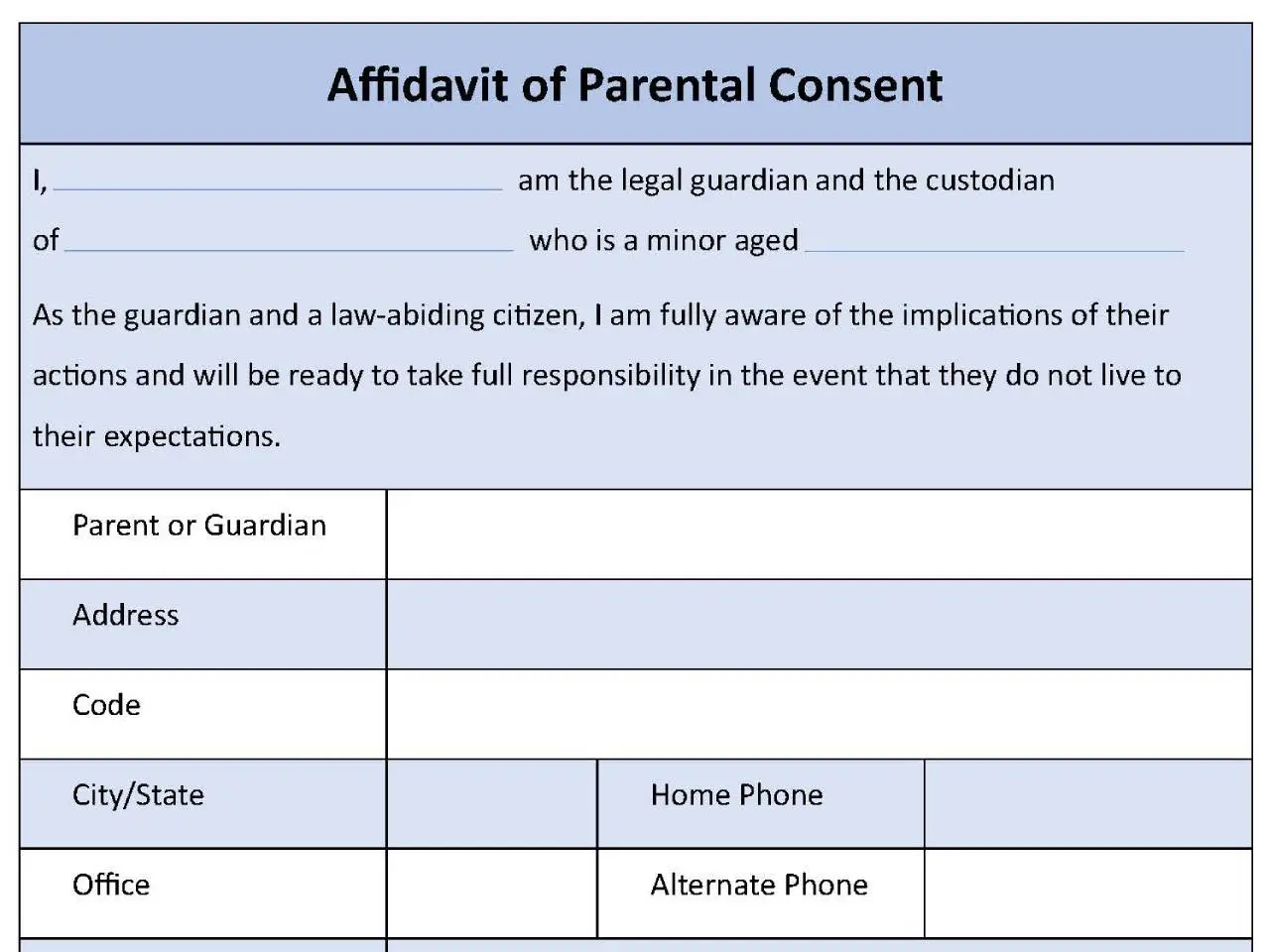 Affidavit of Parental Consent Form