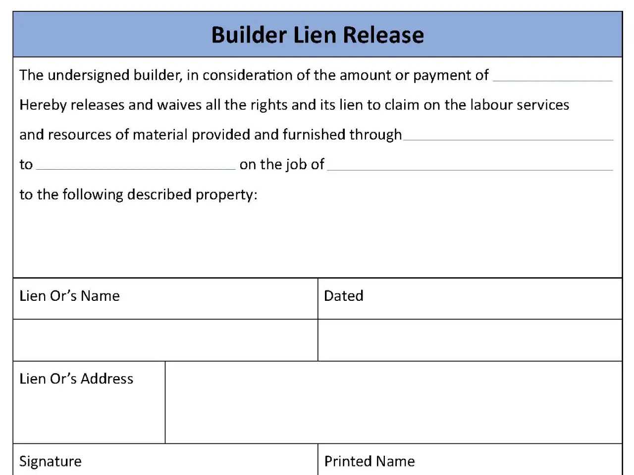 Builder Lien Release Form