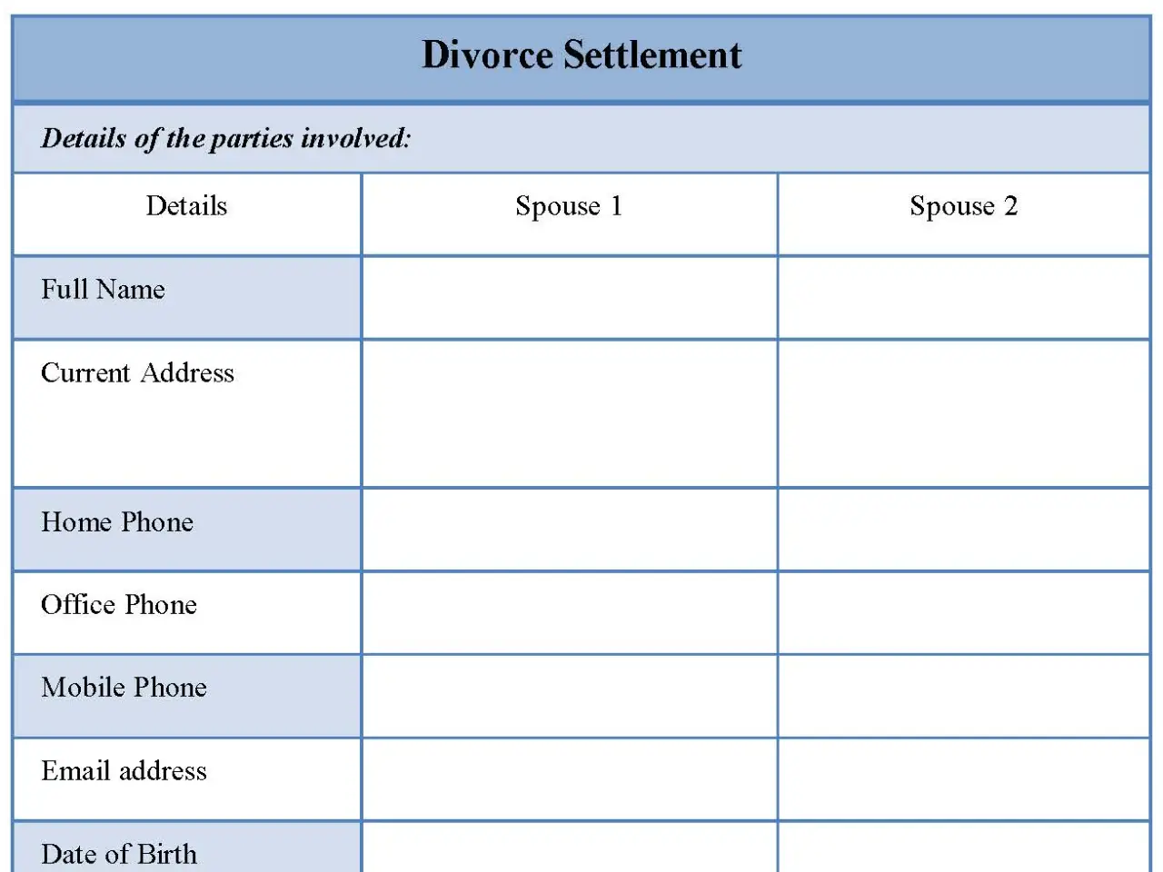 Divorce Settlement Form