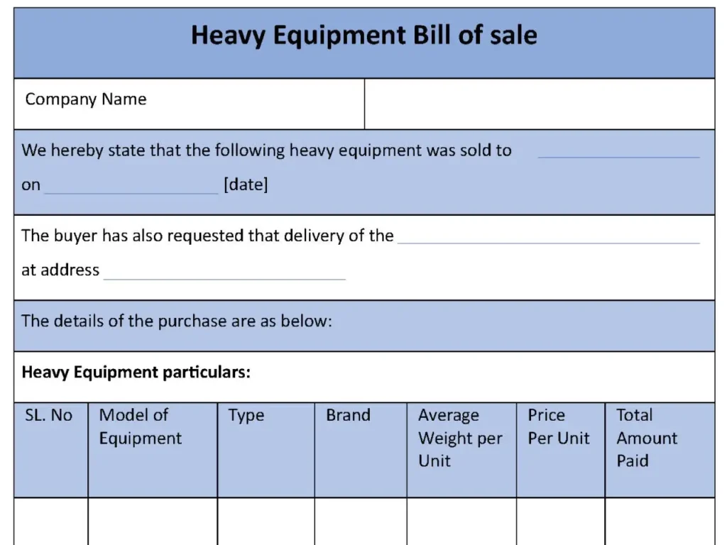 Heavy Equipment Bill of Sale Form