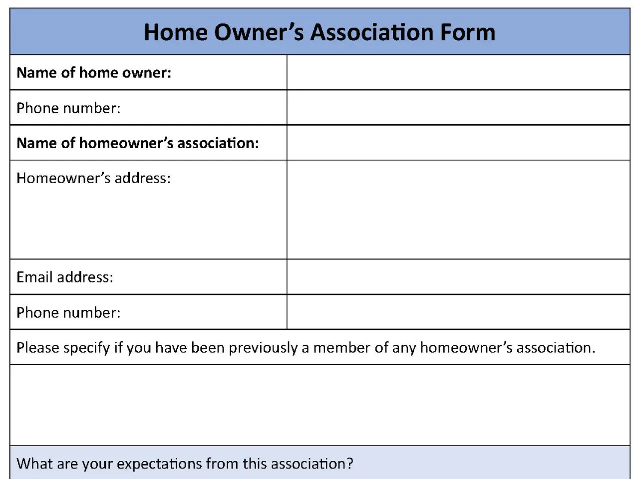 Home Owners Association Form