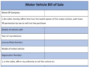 Motor Vehicle Bill of Sale Form