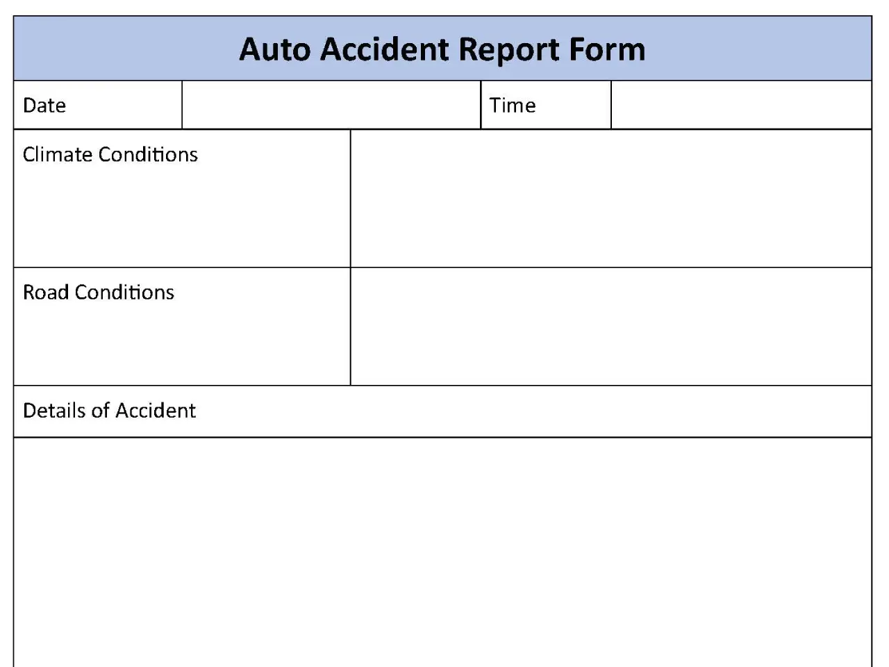 Auto Accident Report Fillable PDF Form