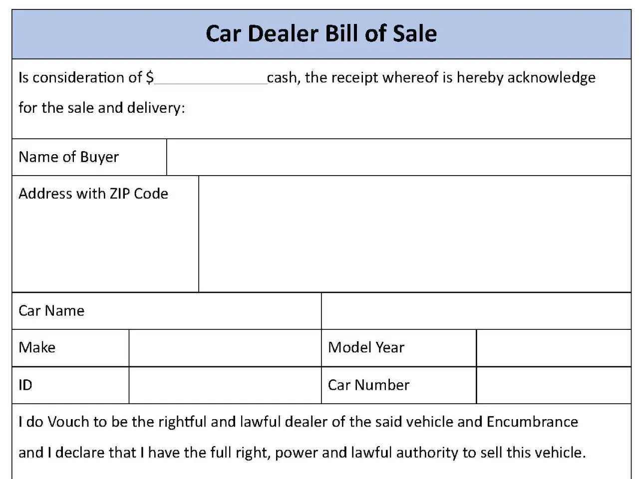 Car Dealer Bill of Sale Template