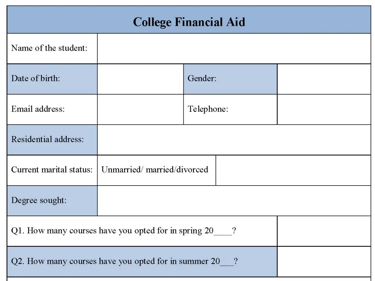 College Financial Aid Fillable PDF Form