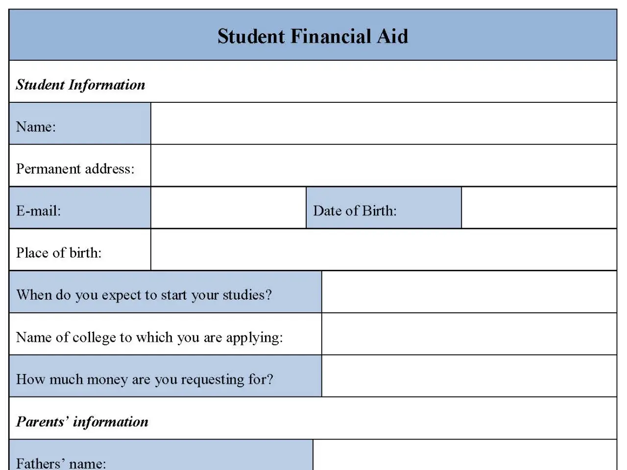Student Financial aid form