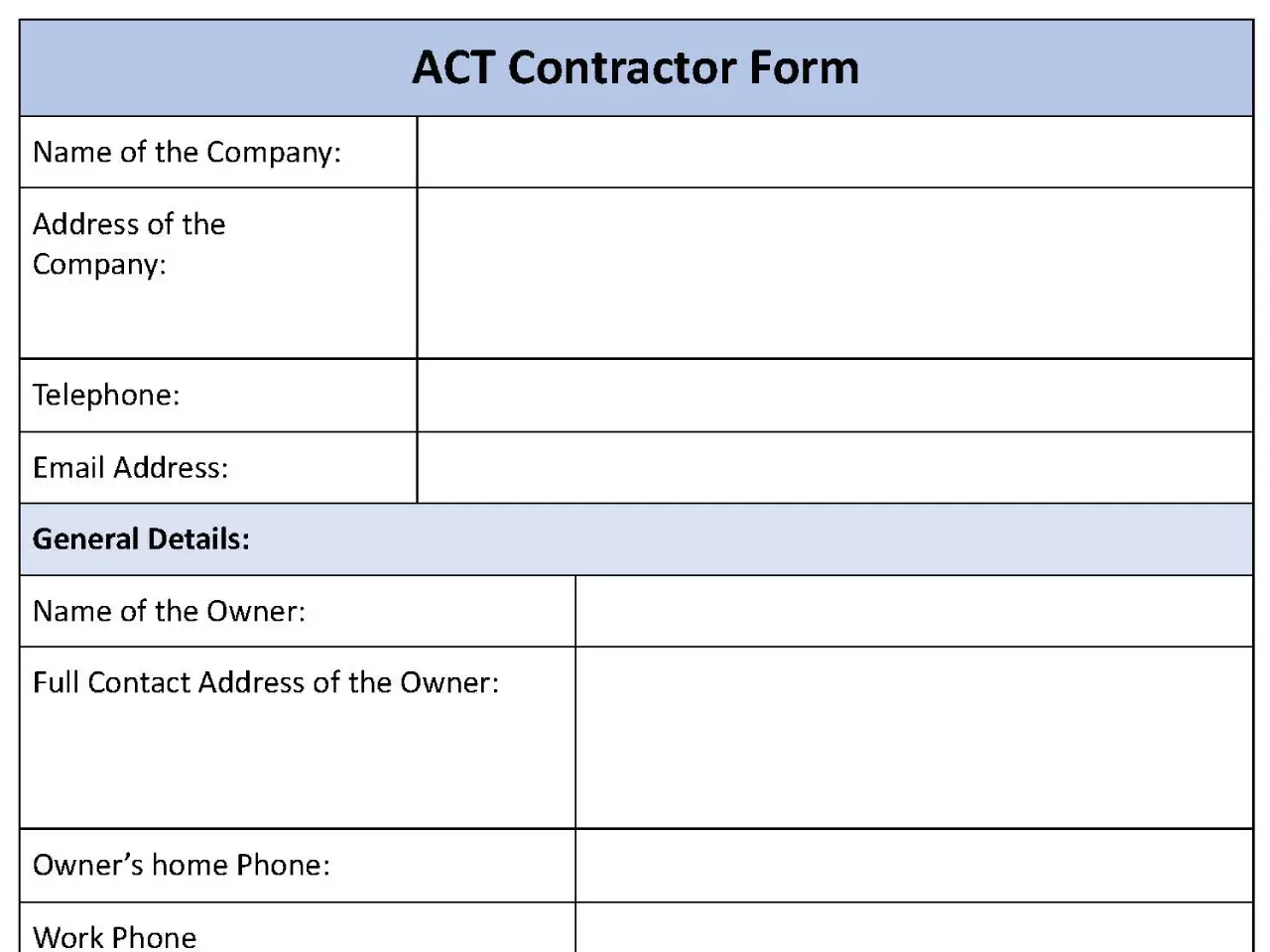 ACT Contractor Fillable PDF Form