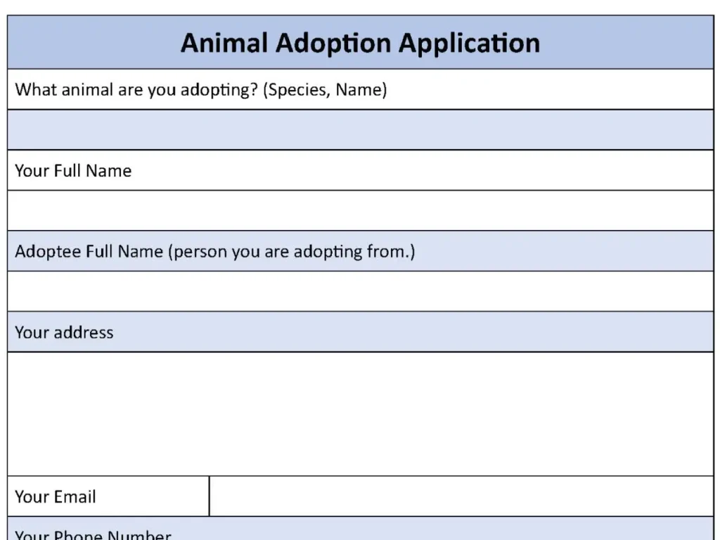 Animal Adoption Application Fillable PDF Form