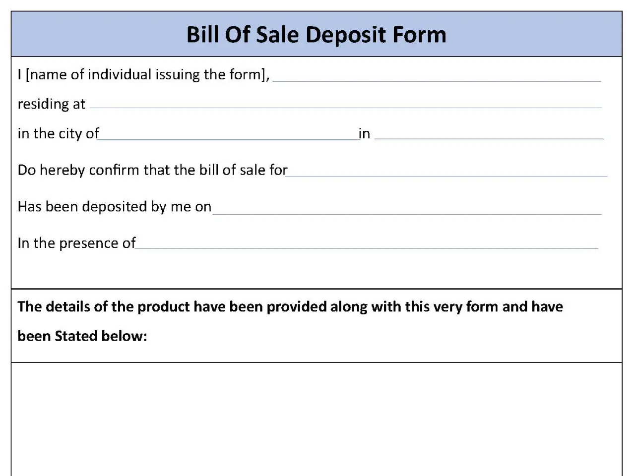 Bill of Sale Deposit Fillable PDF Form