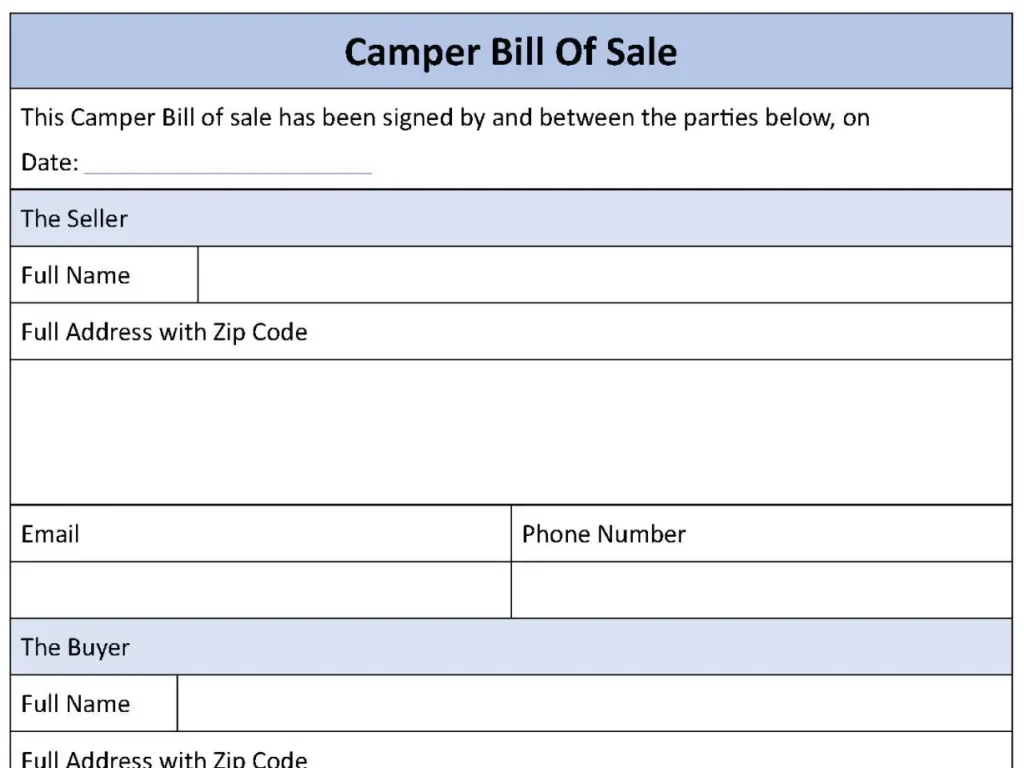 Camper Bill of Sale Fillable PDF Form