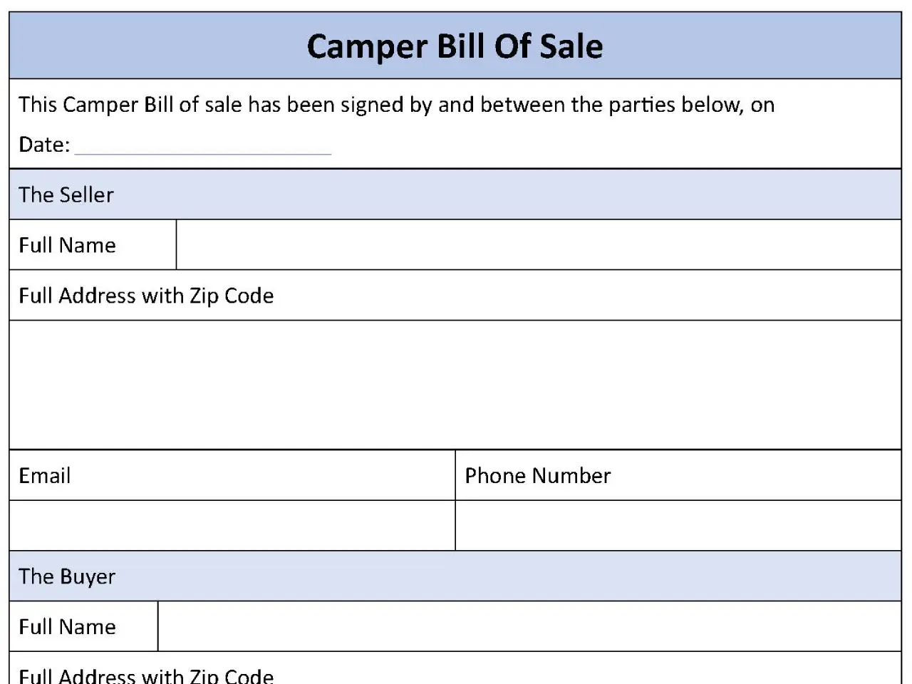 Camper Bill of Sale Fillable PDF Form