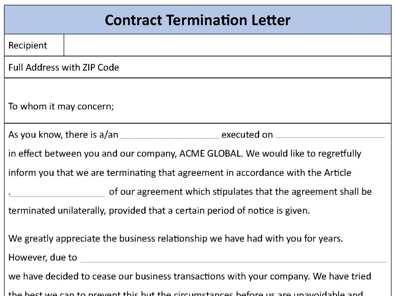 Contract Termination Letter Fillable PDF Form