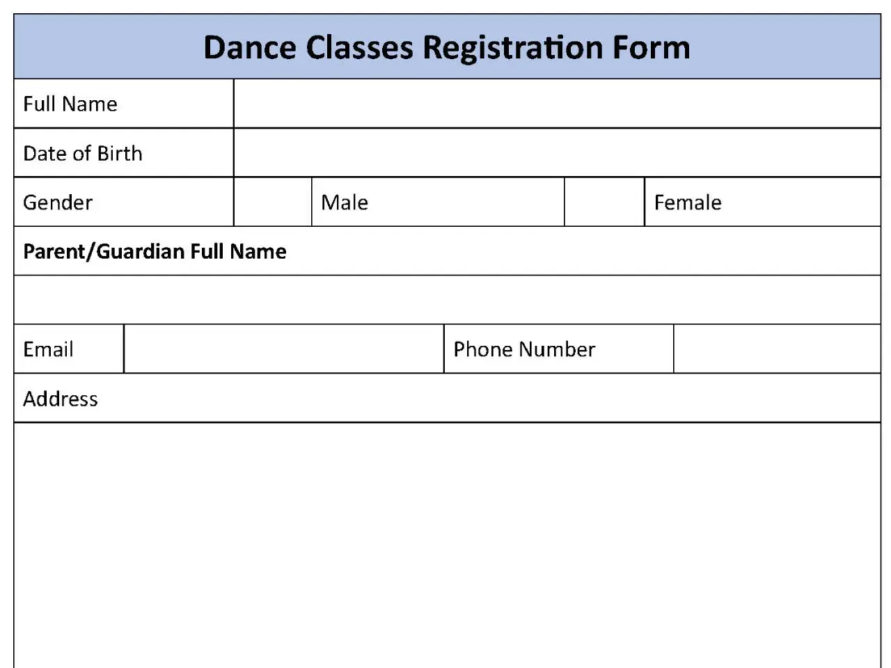 Dance Classes Registration Fillable PDF Form Editable PDF Forms