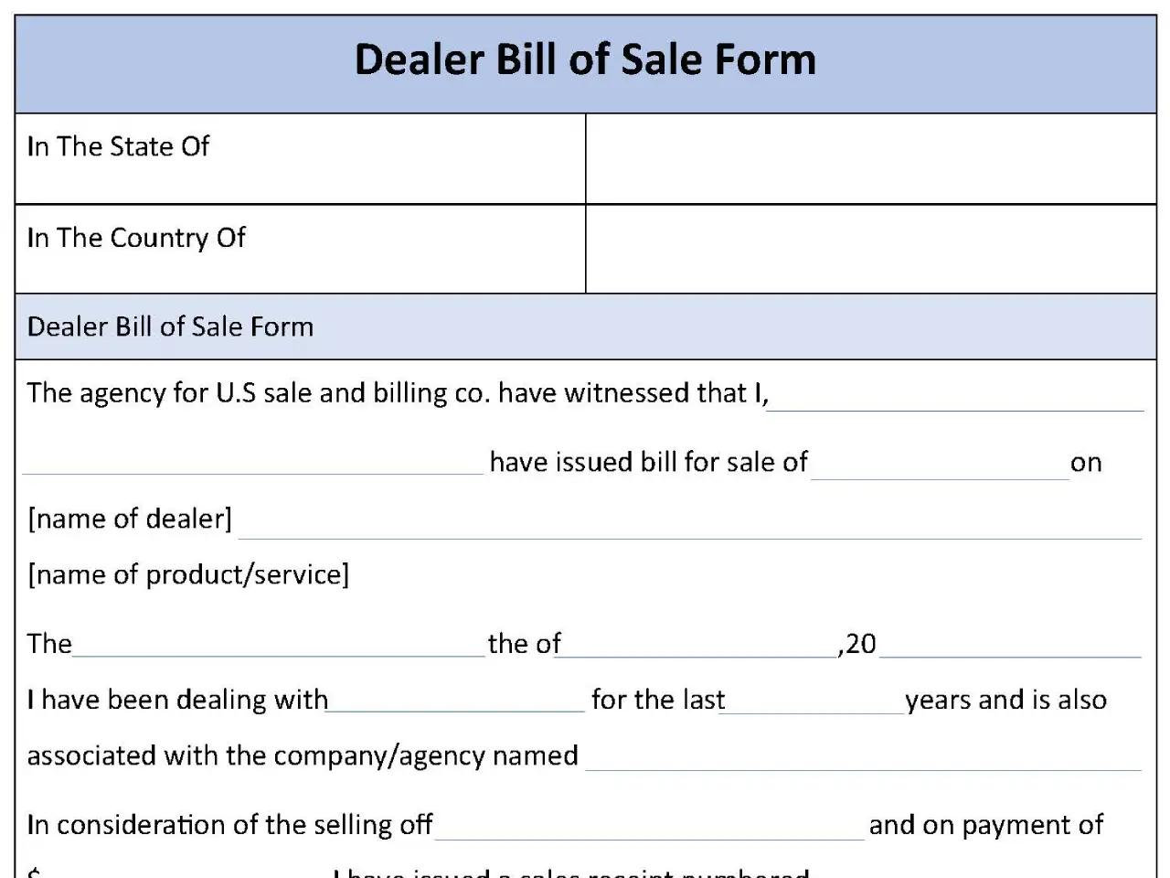 Dealer Bill of Sale Fillable PDF Form