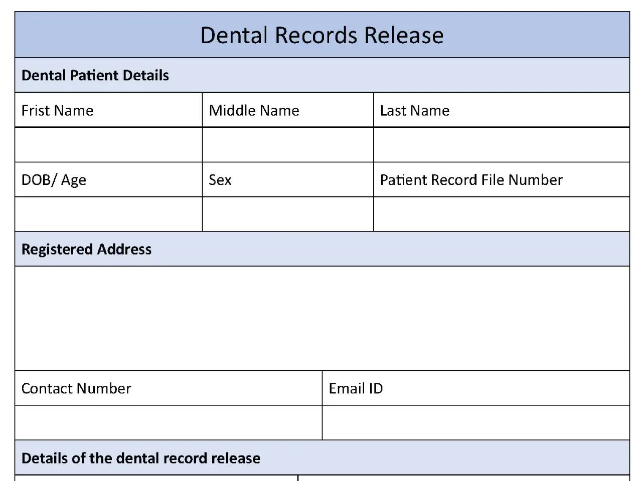 Dental Records Release Fillable PDF Form