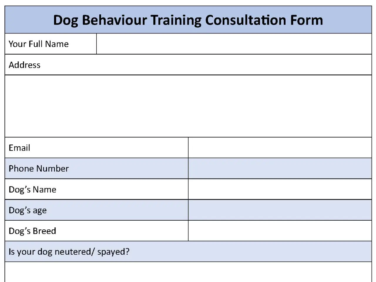 Online Dog Behavior Training Consultation Fillable PDF Form