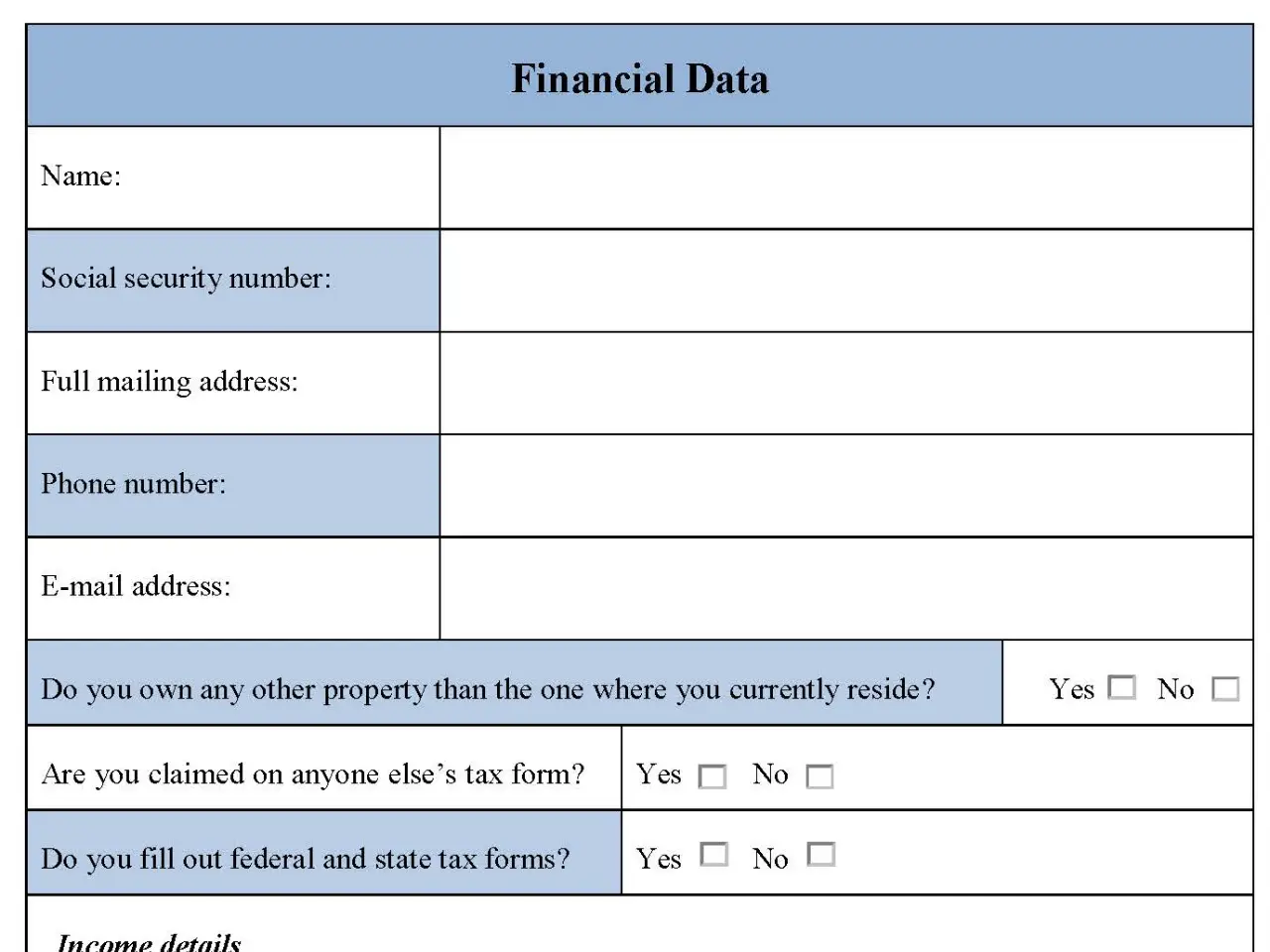 Financial Data Fillable PDF Form