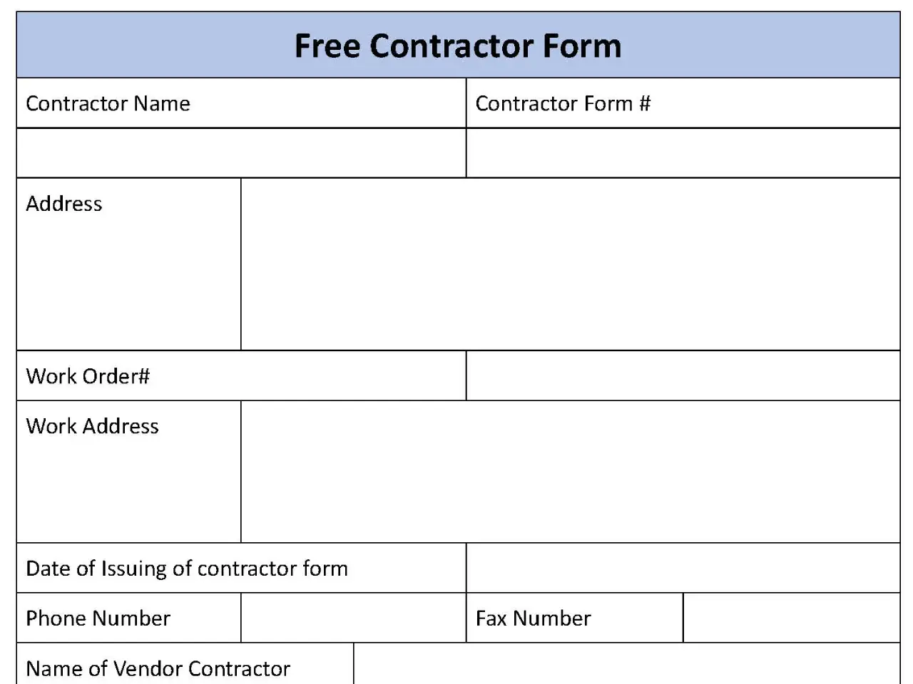 Free Contractor Fillable PDF Form