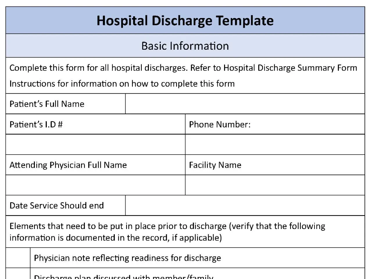 Hospital Discharge Fillable PDF Form