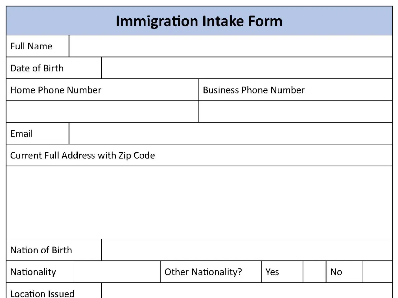 Immigration Intake Fillable PDF Form