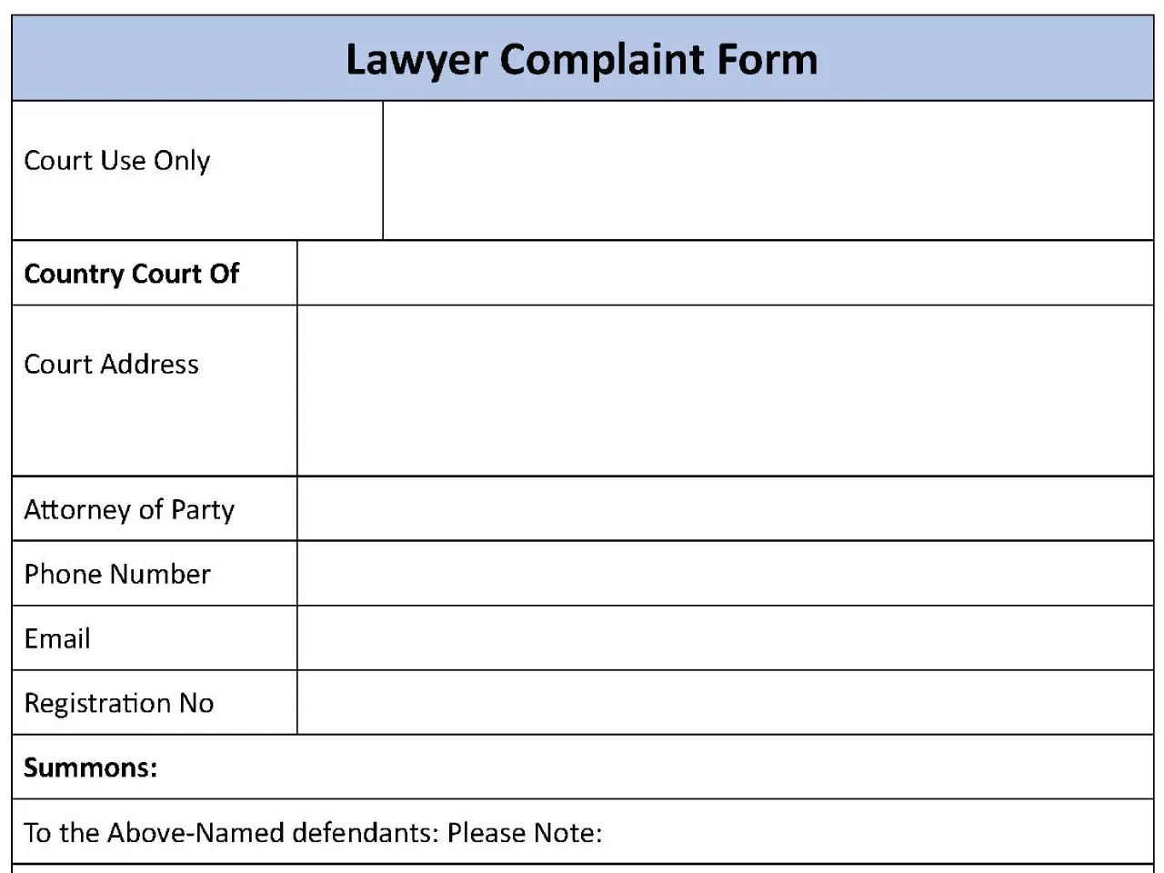 Lawyer Complaint Fillable PDF Form