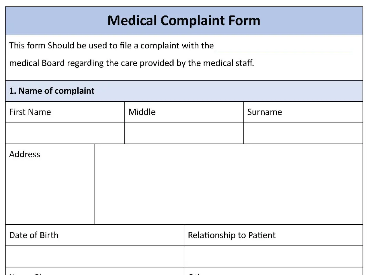 Medical Complaint Fillable PDF Template