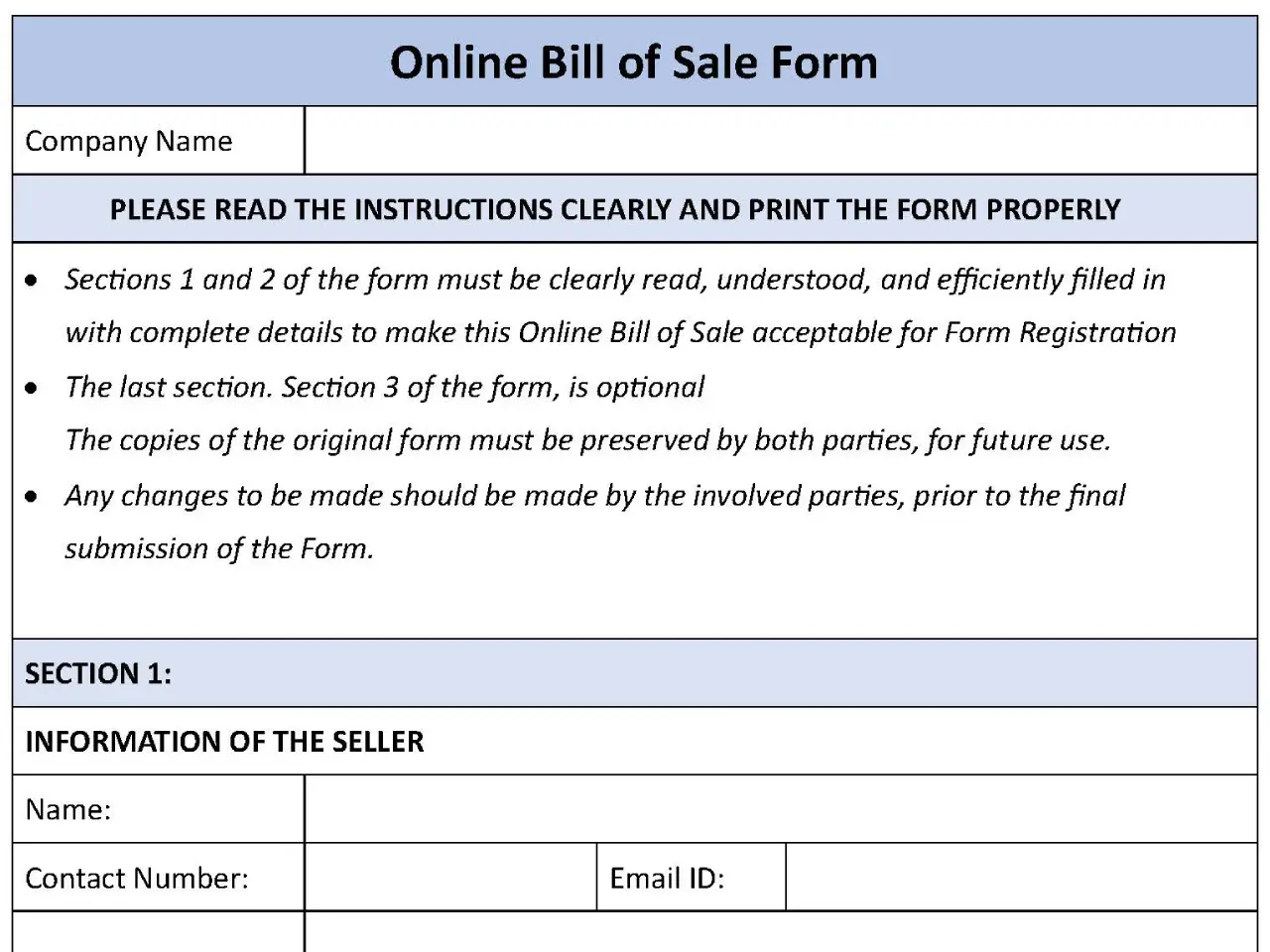 Online Bill of Sale Fillable PDF Form