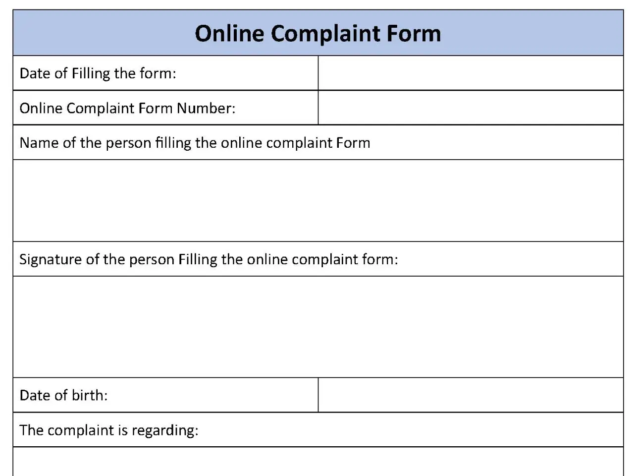 Online Complaint Fillable PDF Form