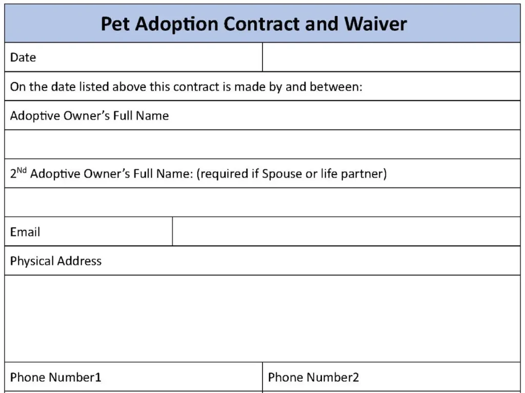 Pet Adoption Contract and Waiver Fillable PDF Form