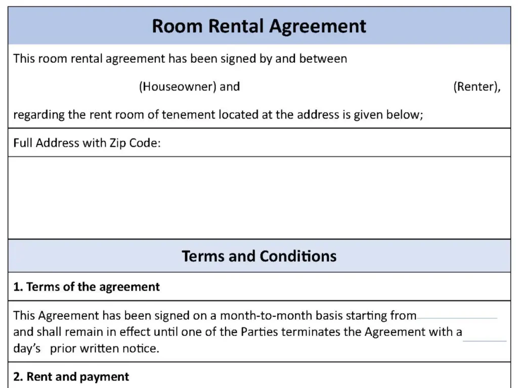 Room Rental Agreement Fillable PDF Form