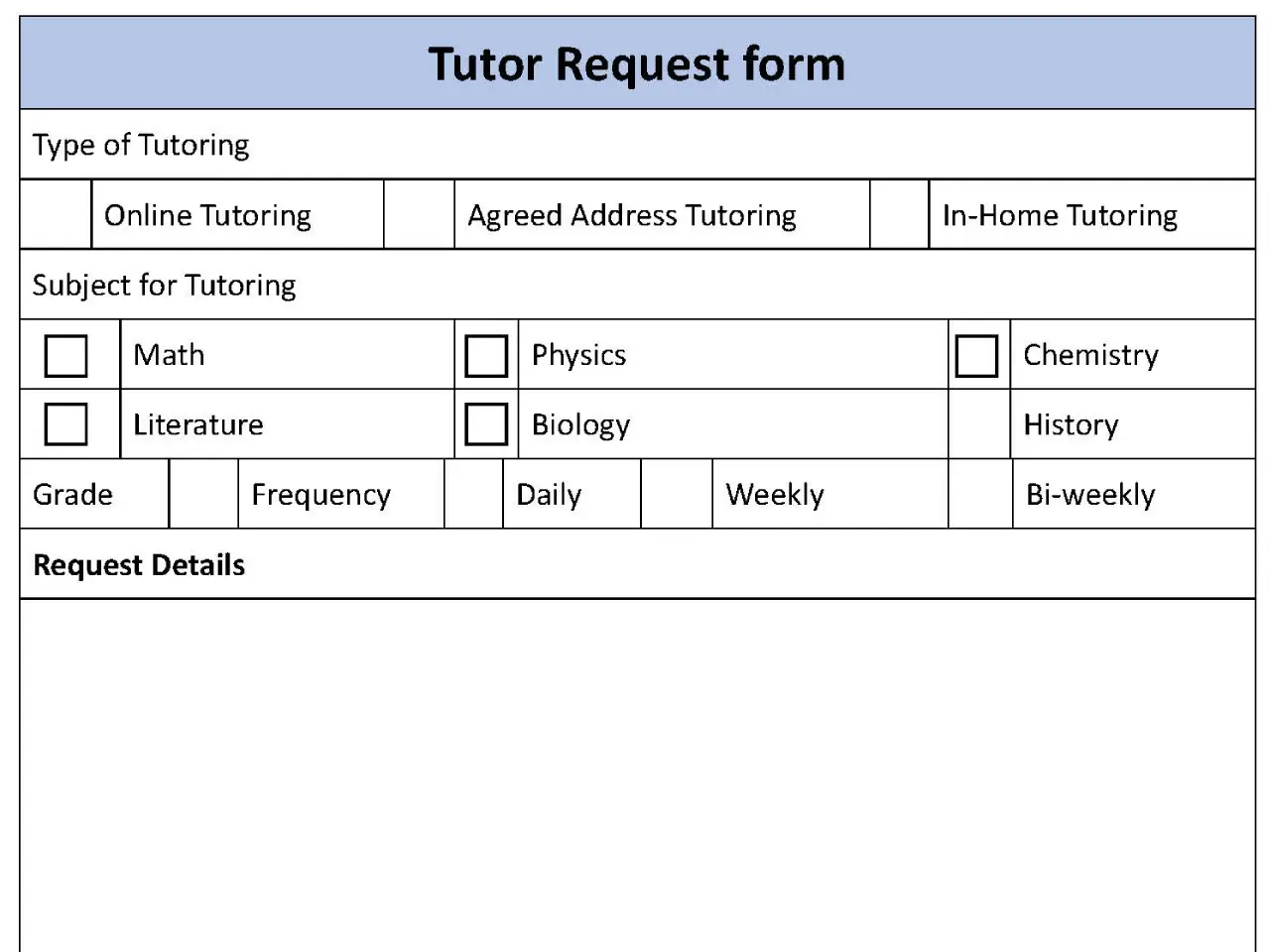 Tutor Request Fillable PDF Form