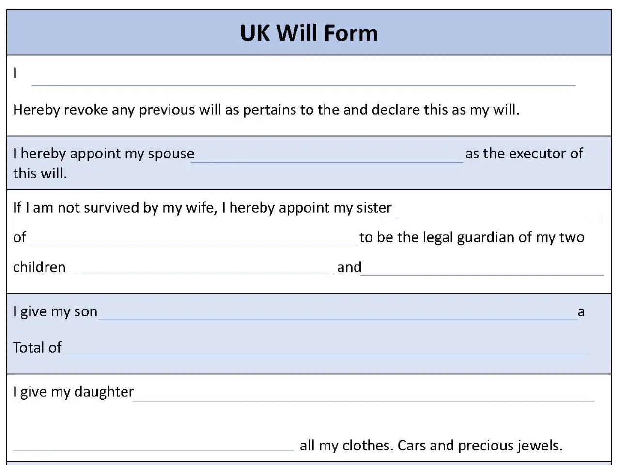 UK Will Fillable PDF Form