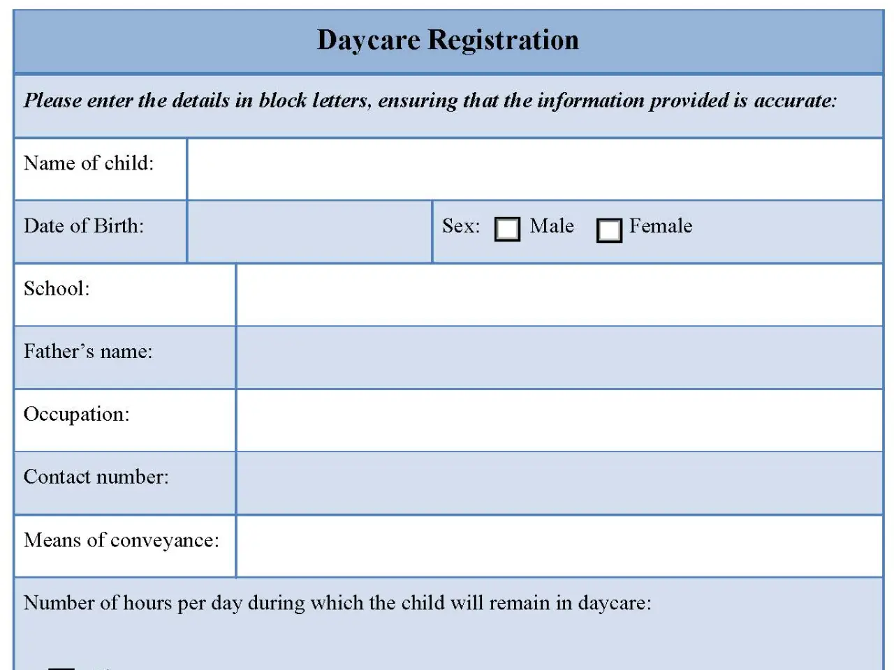 Daycare Registration Fillable PDF Form