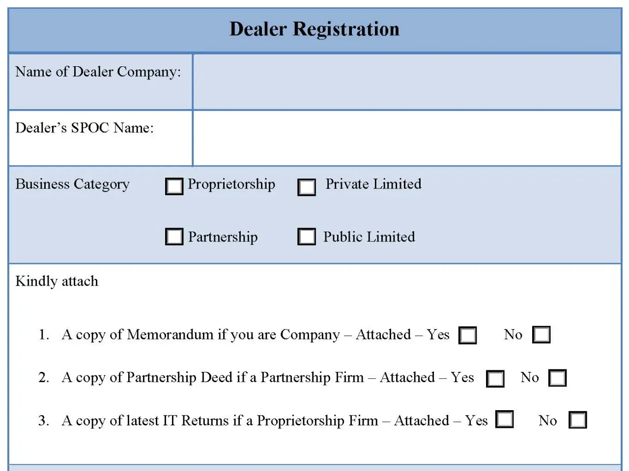 Dealer Registration Fillable PDF Form